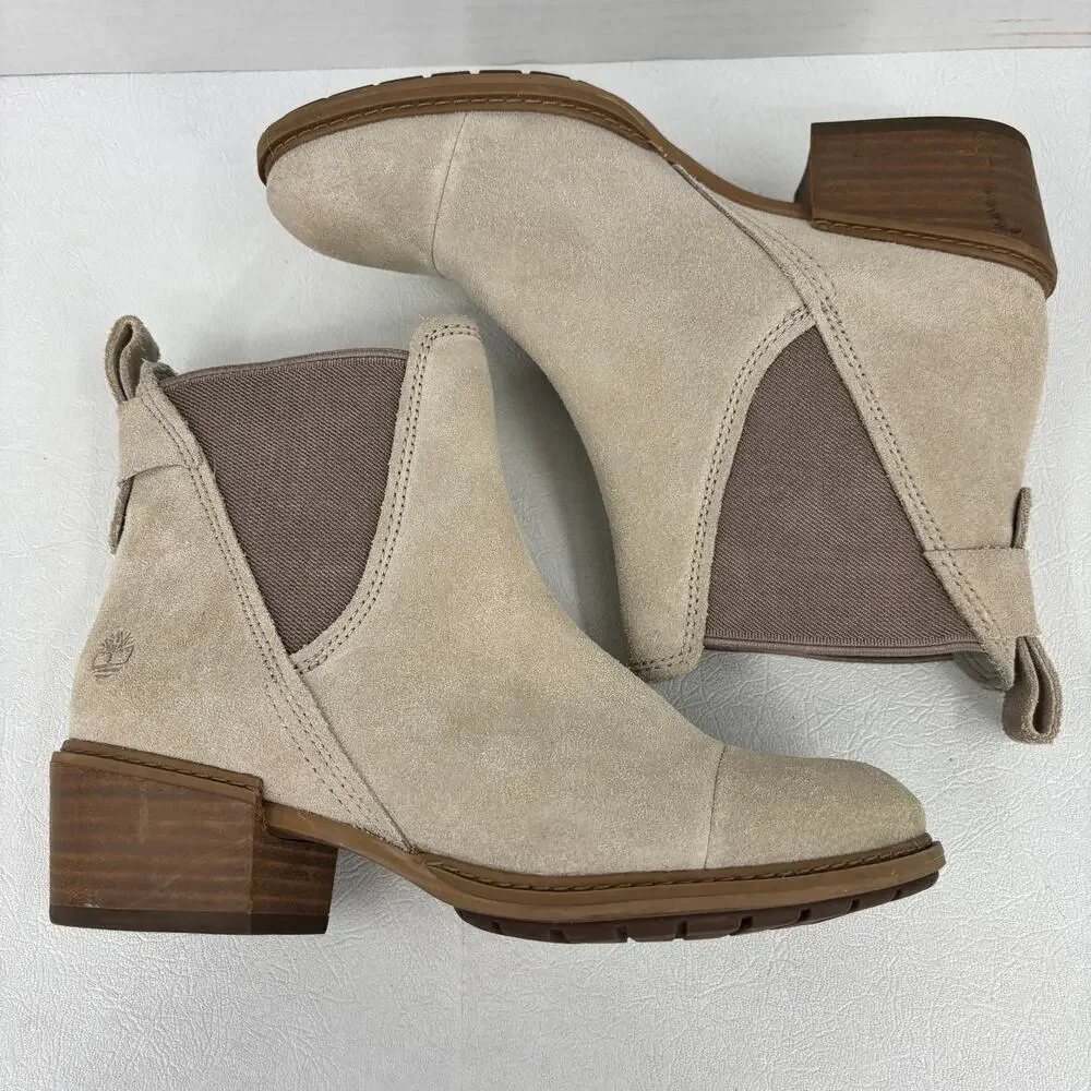 Timberland Sutherlin Bay Chelsea Boots Size 6 Beige Suede Block Heel Pull‎ On